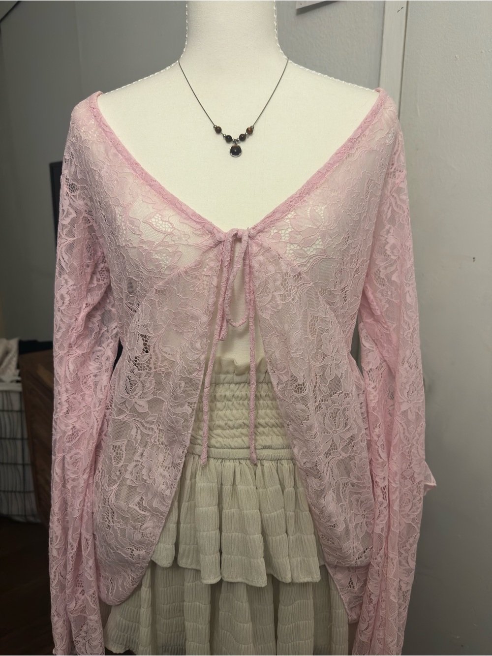 Sheer Pink Lace Tie-Front Cardigan